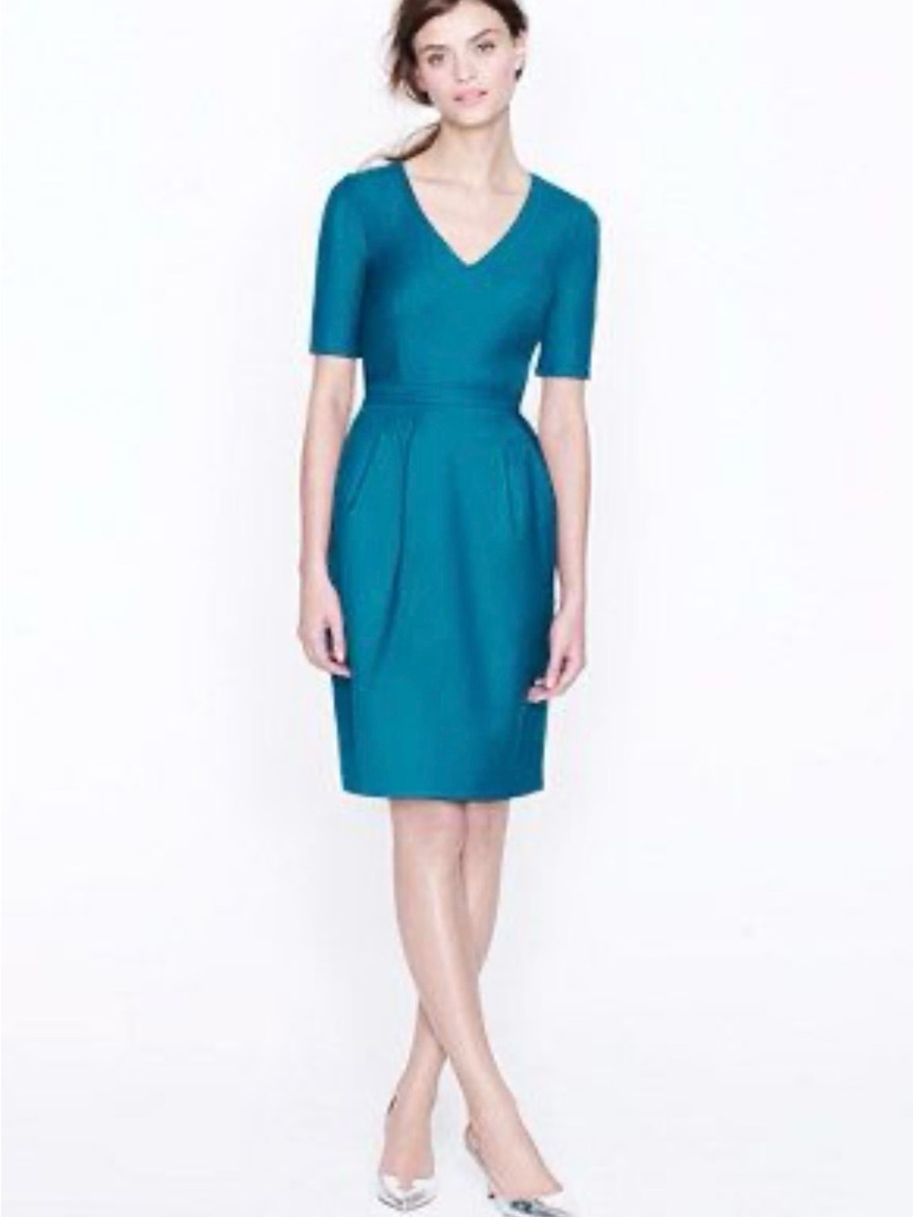 J Crew Memo Dress V-Neck Short Sleeve Wool Lined Dress Emerald Green Size 0